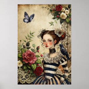 Elegant Gothic Girl & Raven In Rose Garden Poster