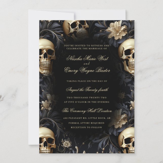 Elegant Gothic Gold Skulls & Flowers Wedding Invitation (Front)