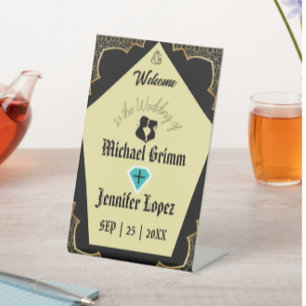 Elegant Gothic Golden Black Personalised Wedding Pedestal Sign