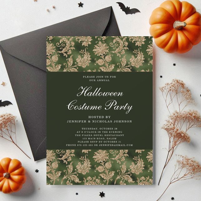 Elegant Gothic Green Damask Halloween Costume  Invitation (Elegant Gothic Green Damask Halloween Costume Invitation)