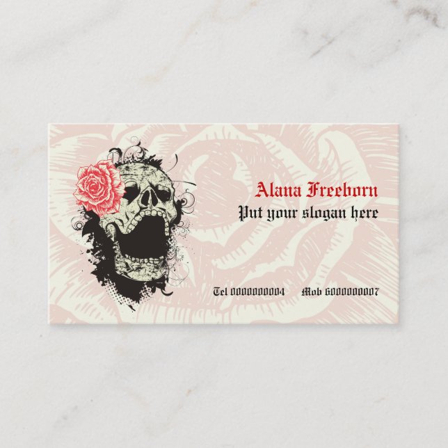 Elegant gothic grunge skull and red rose custom business card (Front)