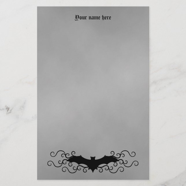 Elegant Gothic Halloween bat and swirls on grey Stationery (Front)