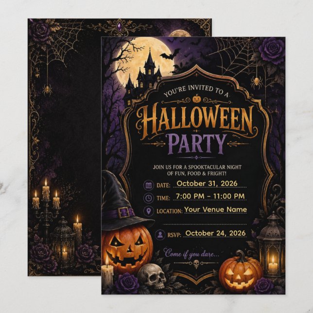 🎃 Elegant Gothic Halloween Soirée Invitation |  (Front/Back)