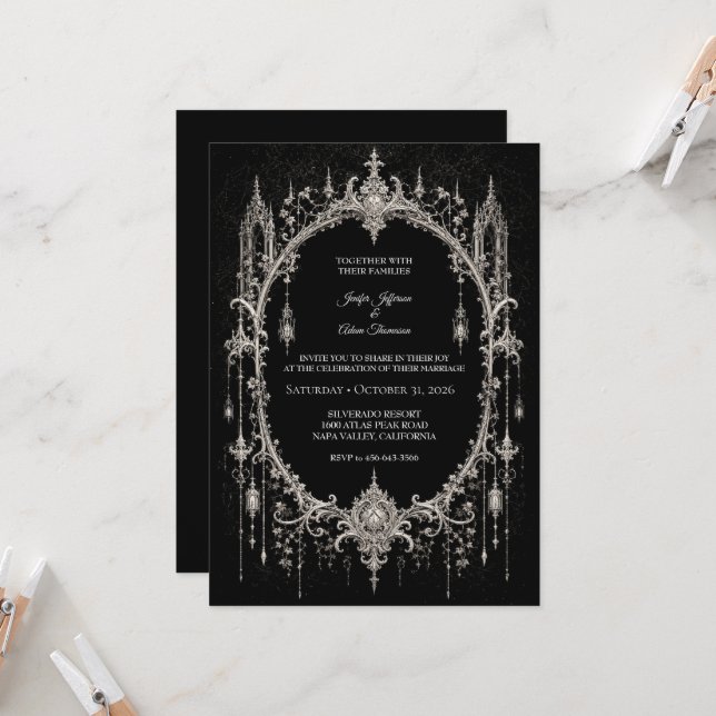 Elegant Gothic Halloween Wedding Invitation (Front/Back In Situ)