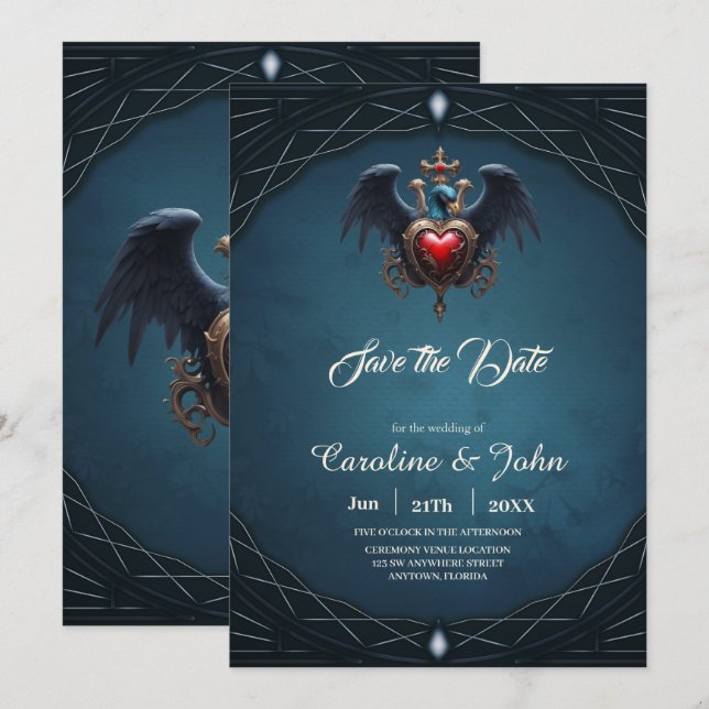 Elegant Gothic heart with fantasy bird.  Save The Date (Front/Back)