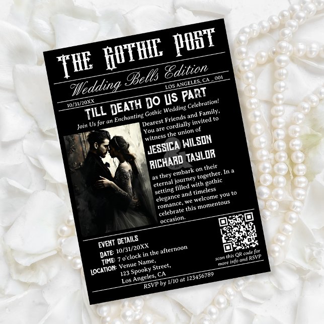 Elegant Gothic Newspaper Photo Black Wedding Invitation (Creator Uploaded)