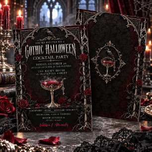 Elegant Gothic Raven Halloween Cocktail Party Invitation