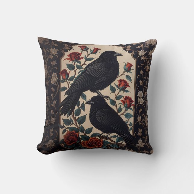 Elegant Gothic Ravens With Roses  Cushion (Front)