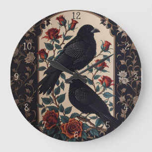 Elegant Gothic Ravens With Roses Large Clock