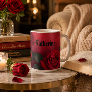 Elegant Gothic Red Roses Custom Name Coffee Mug
