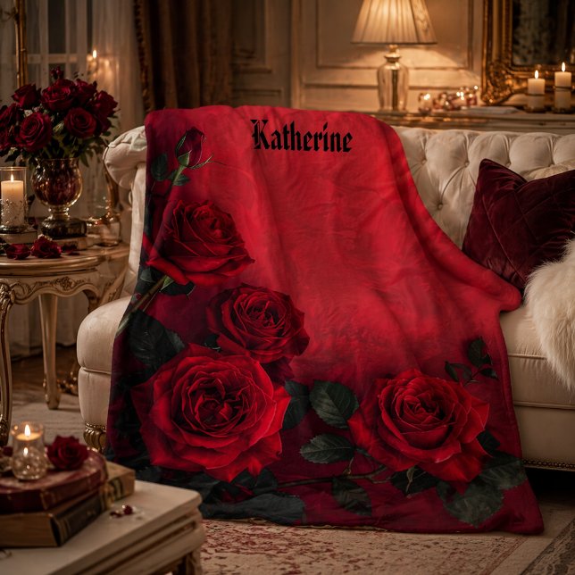 Elegant Gothic Red Roses Custom Name Fleece Blanket (Creator Uploaded)