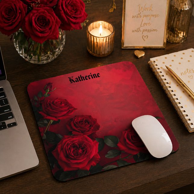 Elegant Gothic Red Roses Custom Name Mouse Pad (Creator Uploaded)