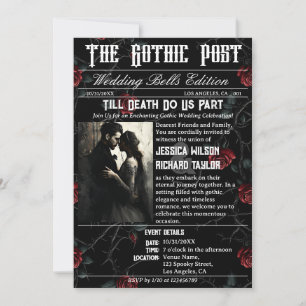 Elegant Gothic Roses Newspaper Photo Black Wedding Invitation