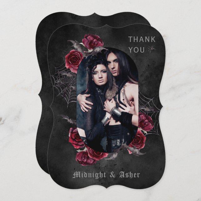Elegant Gothic Roses Photo Wedding  Thank You Card (Front/Back)