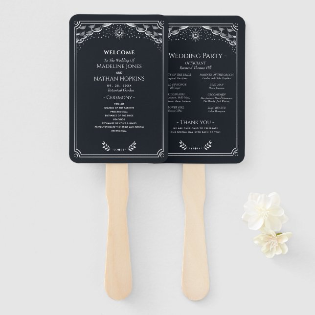 Elegant Gothic Silver Tarot Wedding Program Hand Fan (Front and Back)