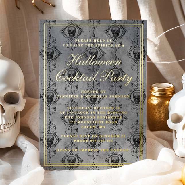 Elegant Gothic Skull Halloween Cocktail Party Gold (Elegant Gothic Skull Halloween Cocktail Party Gold Foil Invitation)