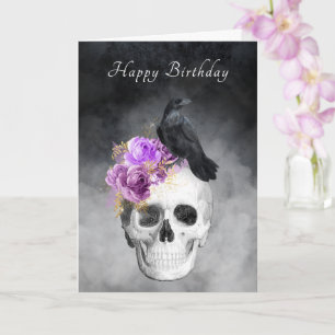 Elegant Gothic Skull Raven Purple Roses Birthday Card