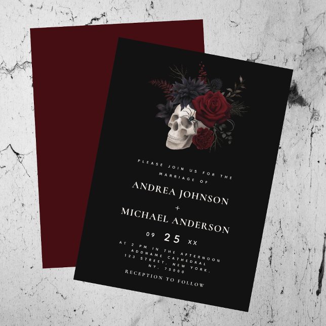 Elegant Gothic Skull Red Floral Wedding Invitation (Creator Uploaded)