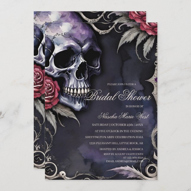 Elegant Gothic Skull & Red Roses Bridal Shower Invitation (Front/Back)