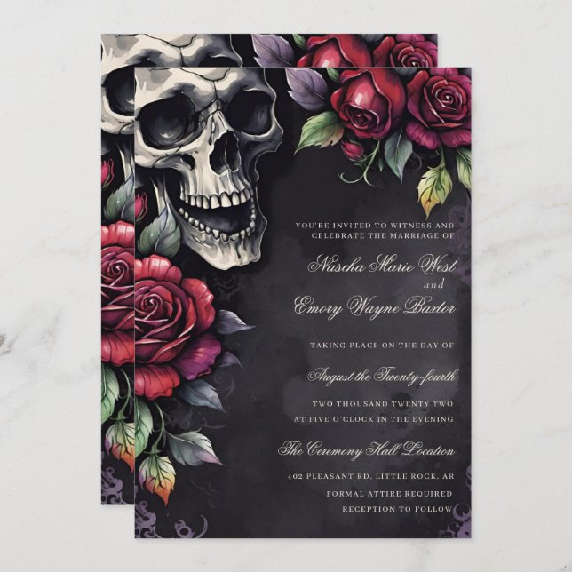Elegant Gothic Skull & Roses Wedding Invitation (Front/Back)