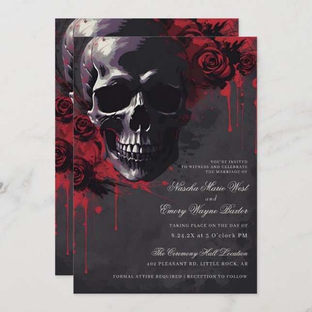 Elegant Gothic Skull & Roses Wedding Invitation (Front/Back)