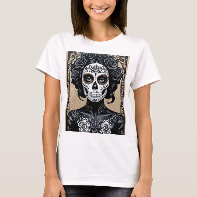 Elegant Gothic Sugar Skull Floral Art T-Shirt (Front)
