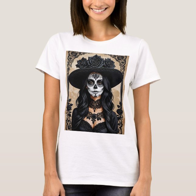 Elegant Gothic Sugar Skull Floral Art T-Shirt (Front)