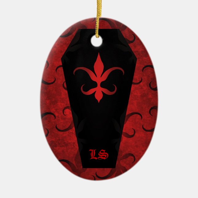 Elegant gothic victorian coffin red Halloween Ceramic Tree Decoration (Front)