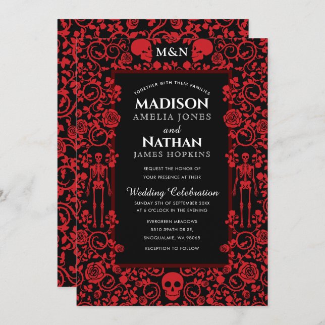 Elegant Gothic Victorian Red & Black Wedding Invitation (Front/Back)