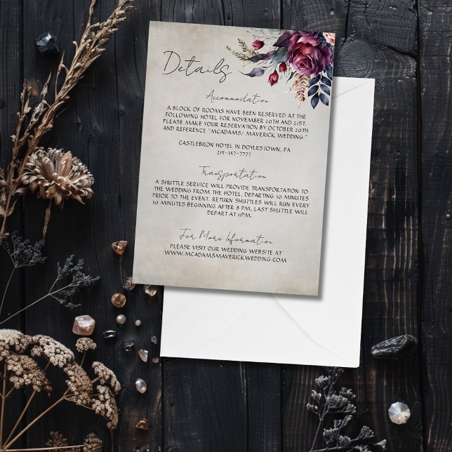 Elegant Gothic Watercolor Floral Wedding Details  Enclosure Card (Creator Uploaded)