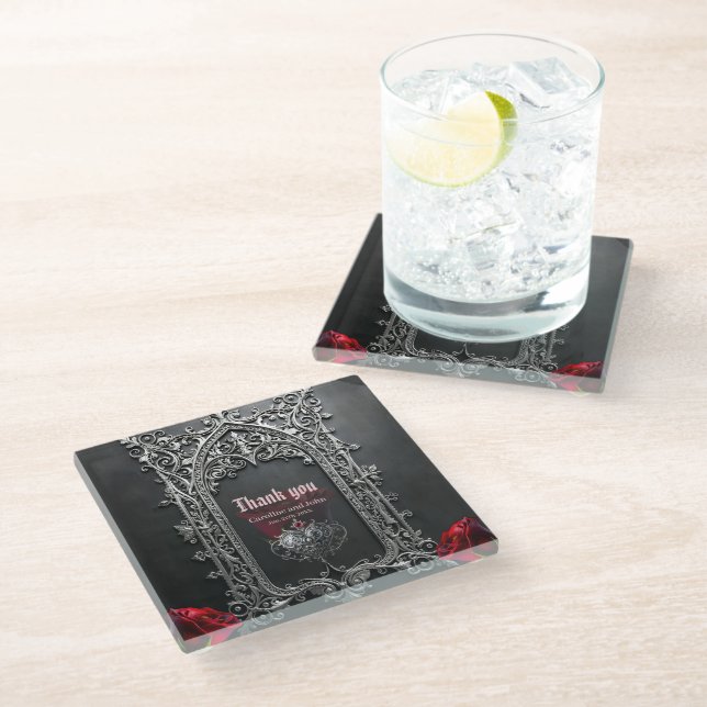 Elegant Gothic Wedding Rose Frame Glass Coaster (Angled)