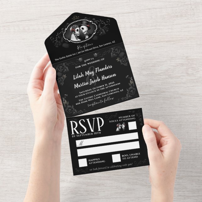 Elegant Gothic Wedding Skeletons Black & White All In One Invitation (Tearaway)