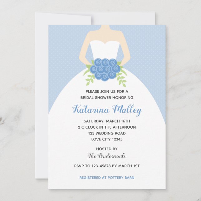 Elegant Gown Bridal Shower Invitation (Blue) (Front)