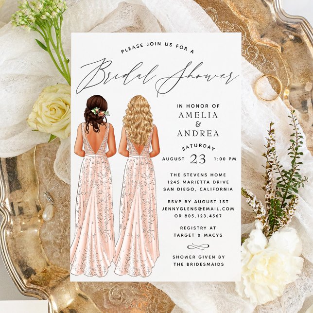 Elegant Gown Bridal Shower Two Girls Invitation (Creator Uploaded)