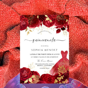 Elegant Gown Dress Red Roses Quinceanera Party Invitation