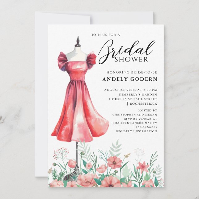 Elegant Gown Illustration with  Bridal Shower Invitation (Front)