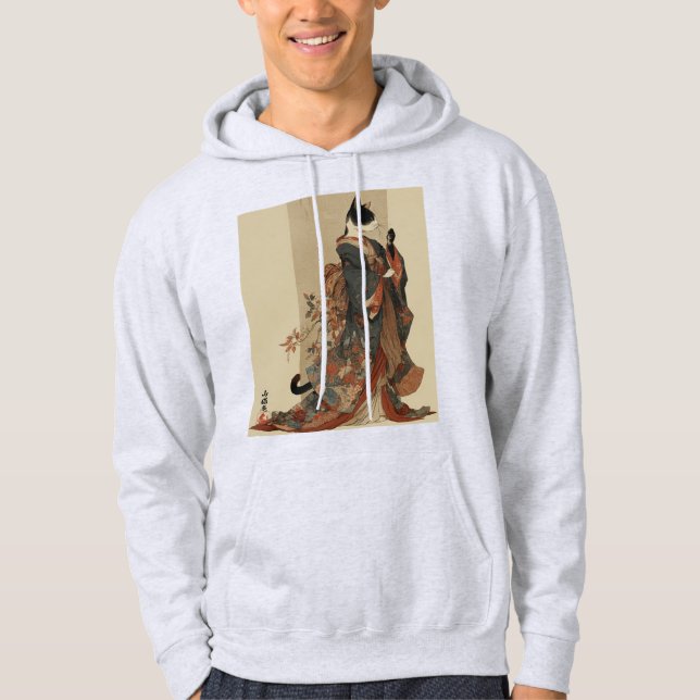 "Elegant Grace" Japanese Cat in Kimono Art Hoodie (Front)