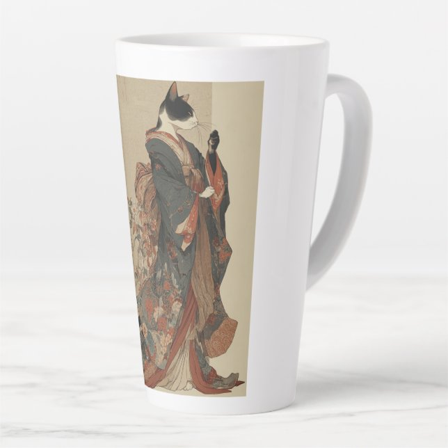 "Elegant Grace" Japanese Cat in Kimono Art Latte Mug (Right Angle)