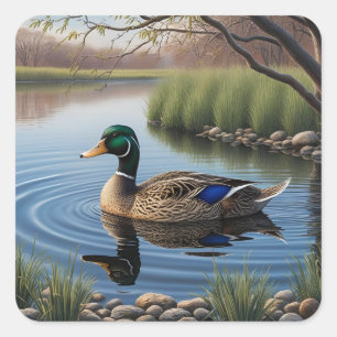 Elegant Graceful Mallard On Tranquil Country Pond Square Sticker