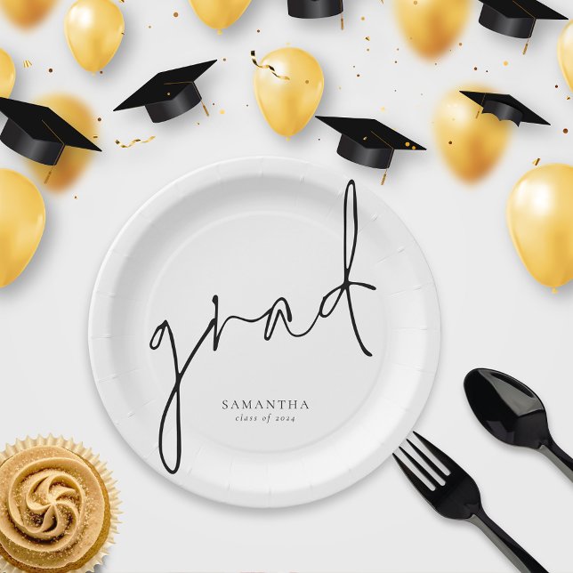 Elegant Grad Black Script Name Graduation Paper Plate (Creator Uploaded)