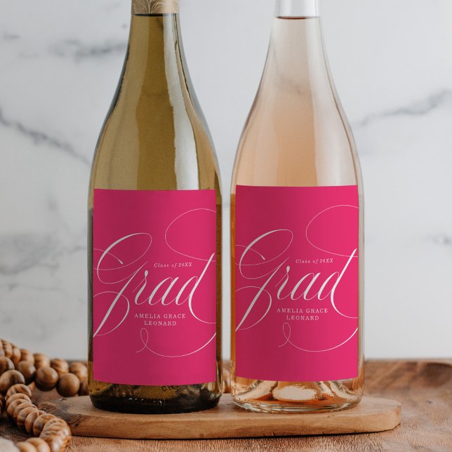 Elegant Grad Calligraphy Hot Pink Graduation Wine Label (Creator Uploaded)