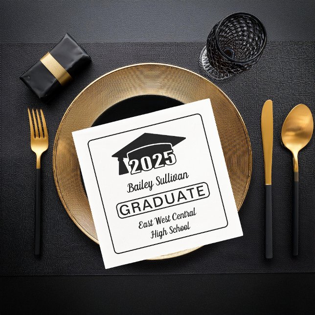 Elegant Grad Cap 2025 Graduate Black | White Napkin (Black and White Grad Cap "2025" "GRADUATE" Graduation Name and School Paper Napkin)