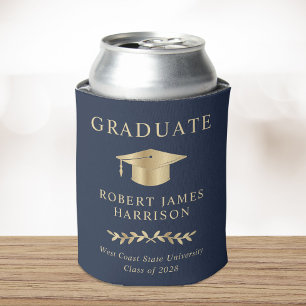 Elegant Grad Cap Blue Gold Graduation Party Can Cooler