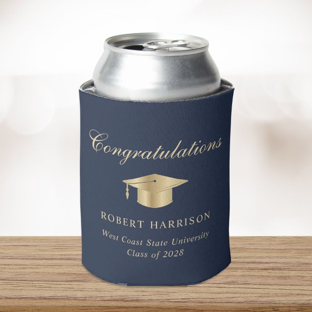 Elegant Grad Cap Blue Gold Graduation Party Can Cooler (Creator Uploaded)