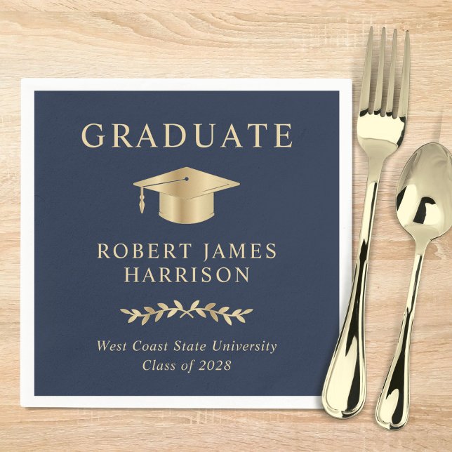 Elegant Grad Cap Blue Gold Graduation Party Napkin (Creator Uploaded)
