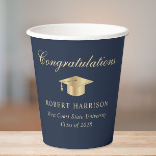 Elegant Grad Cap Blue Gold Graduation Party Paper Cups