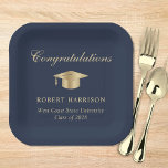 Elegant Grad Cap Blue Gold Graduation Party Paper Plate<br><div class="desc">Elegant blue graduation party paper plates featuring a gold grad cap,  "Congratulations" in a classic script and the graduate's name,  school and class year in modern typography.</div>