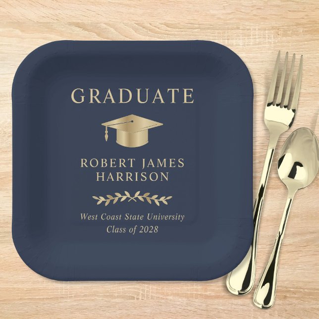 Elegant Grad Cap Blue Gold Graduation Party Paper Plate (Creator Uploaded)