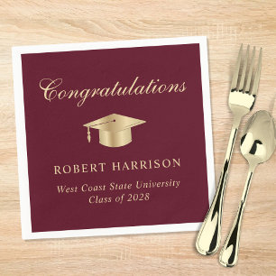 Elegant Grad Cap Burgundy Gold Graduation Party Napkin