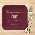 Elegant Grad Cap Burgundy Gold Graduation Party Paper Plate<br><div class="desc">Elegant burgundy red graduation party paper plates featuring a gold grad cap,  "Congratulations" in a classic script and the graduate's name,  school and class year in modern typography.</div>